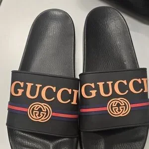 Gucci | Shoes | Gucci Black Slides With Orange And Purple  display picture 1